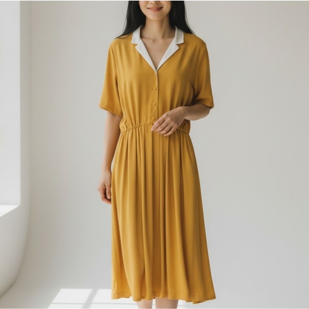 Beautiful Vintage Claude Rap Paris Bright Mustard Yellow Collared Midi Dress